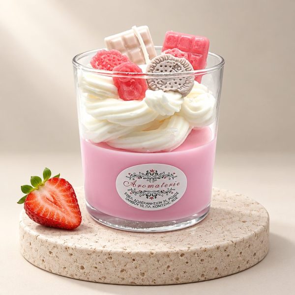 Candle in glass dessert with whipped cream 3D