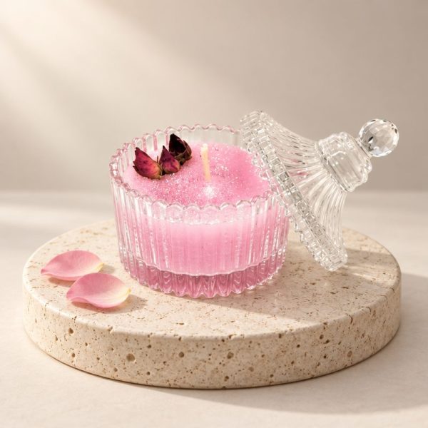 Scented pink candle in glass pack