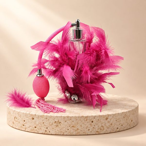 Scent Holder with fuchsia feathers and bulb atomiser