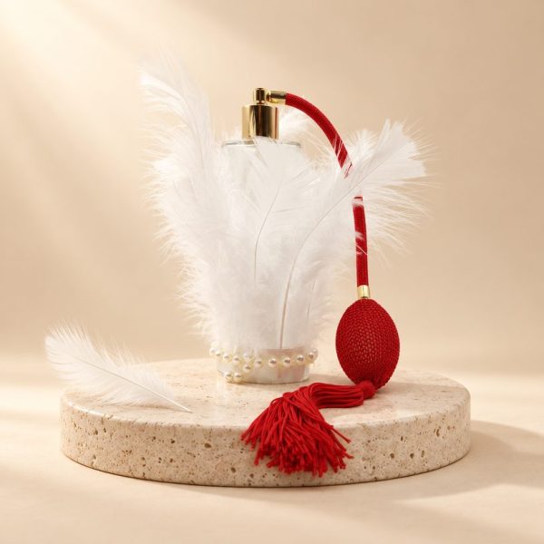 Scent Holder with white boa, pearls and bulb atomiser