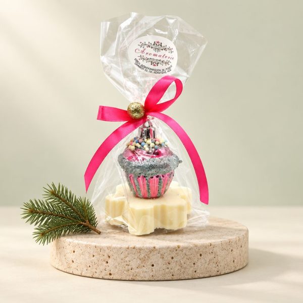 Soap snowflake with pink cupcake – tree ornament with rhinestones
